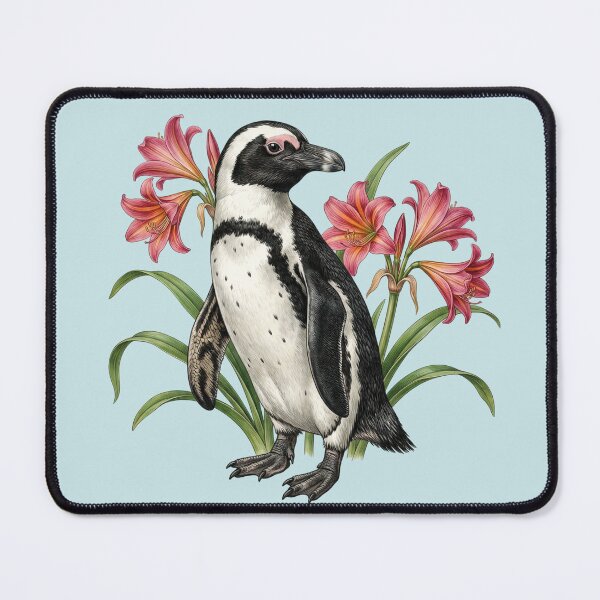 Item preview, African Penguin and Pink Cape Lily Illustration designed and sold by BirdsnStuff.