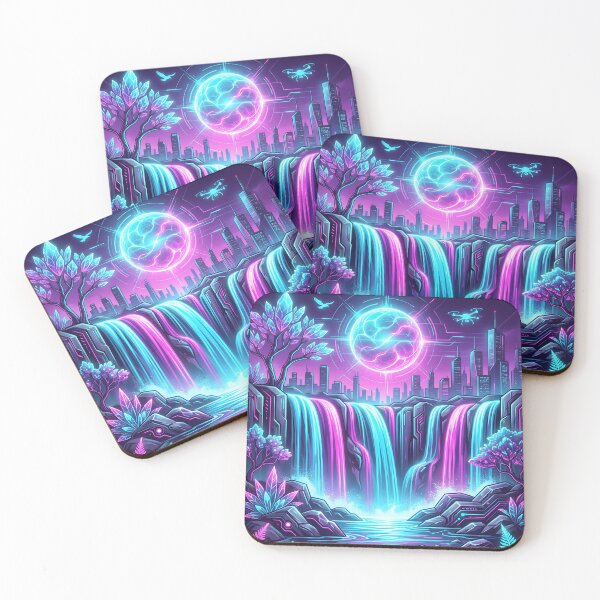 Item preview, Neon Solarpunk Waterfall Cyberpunk Cityscape 2026 designed and sold by MarCinu Art.