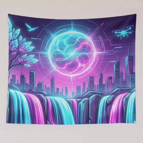 Item preview, Neon Solarpunk Waterfall Cyberpunk Cityscape 2026 designed and sold by MarCinu Art.