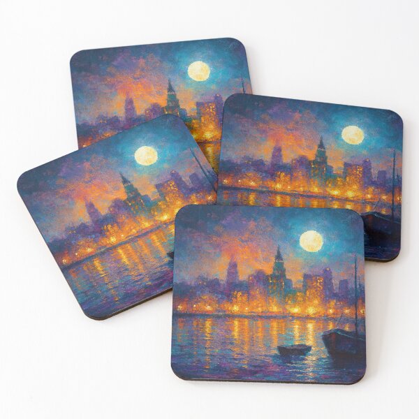 Item preview, Moonlit Cityscape with Boats and Reflections designed and sold by Joey Santiago.
