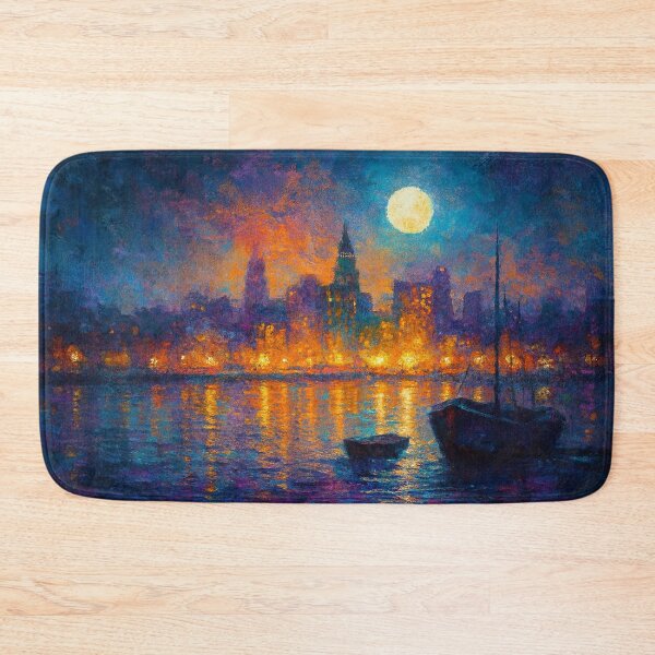 Item preview, Moonlit Cityscape with Boats and Reflections designed and sold by Joey Santiago.