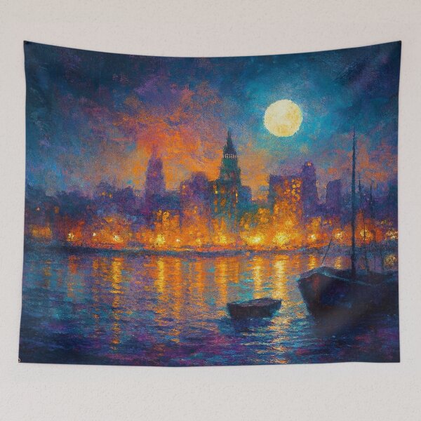 Item preview, Moonlit Cityscape with Boats and Reflections designed and sold by Joey Santiago.