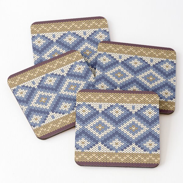 Item preview, Native American or indigenous style knitted yarn pattern in blue and brown tones with dark red stripes. designed and sold by Nengsang.