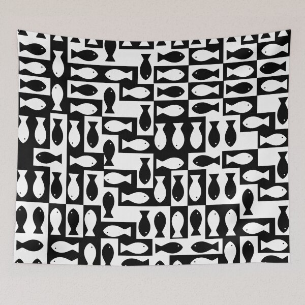 Item preview, Black and White Fish Pattern – Minimalist Mid Century Modern Geometric Design designed and sold by The High Hippo.