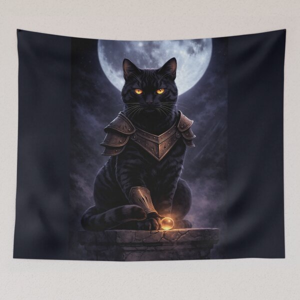 Item preview, Epic Black Armored Cat Warrior Art Print - Fantasy Black Cat with Glowing Eyes & Orb for T-Shirts, Posters, Hoodies designed and sold by Falconwolf.