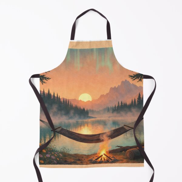 Item preview, Cozy Dawn Camping Hammock Scene Art Print - Vintage Lakeside Sunrise Illustration for T-Shirts, Posters, Mugs, Totes designed and sold by Falconwolf.