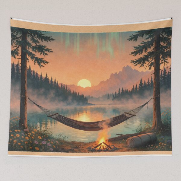 Item preview, Cozy Dawn Camping Hammock Scene Art Print - Vintage Lakeside Sunrise Illustration for T-Shirts, Posters, Mugs, Totes designed and sold by Falconwolf.