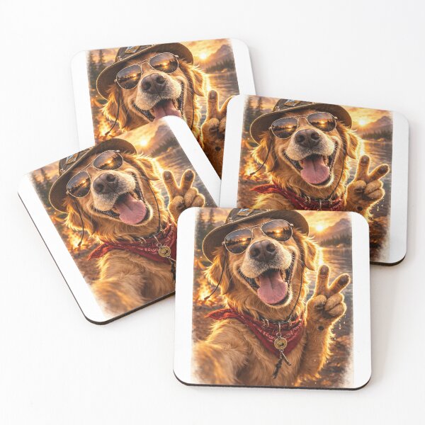 Item preview, Golden Retriever Selfie Adventure Art - Funny Dog in Sunglasses & Hat Sunset Camping Print for T-Shirts, Stickers, Phone Cases designed and sold by Falconwolf.