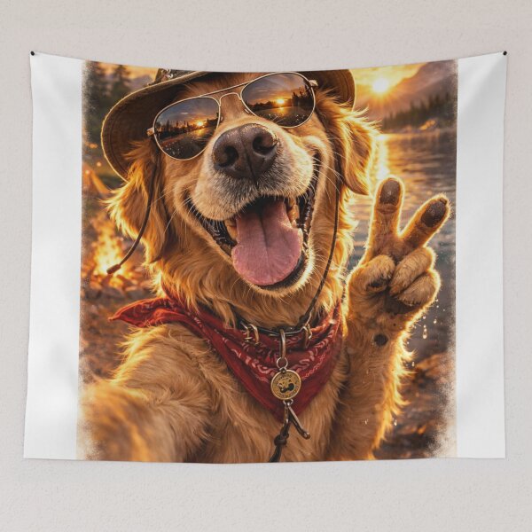 Item preview, Golden Retriever Selfie Adventure Art - Funny Dog in Sunglasses & Hat Sunset Camping Print for T-Shirts, Stickers, Phone Cases designed and sold by Falconwolf.