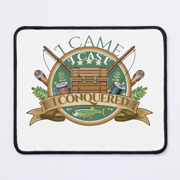 Item preview, "I came, I cast, I conquered!" angler fishing badge illustration. designed and sold by Art-Horizon.