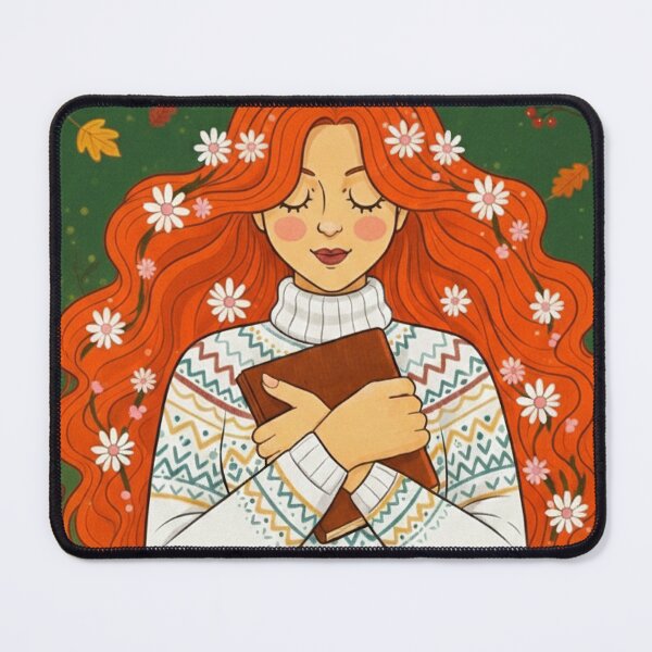 Item preview, Autumn Book Lover – Cozy Redhead Girl with Flowers designed and sold by Yhanartstudio.
