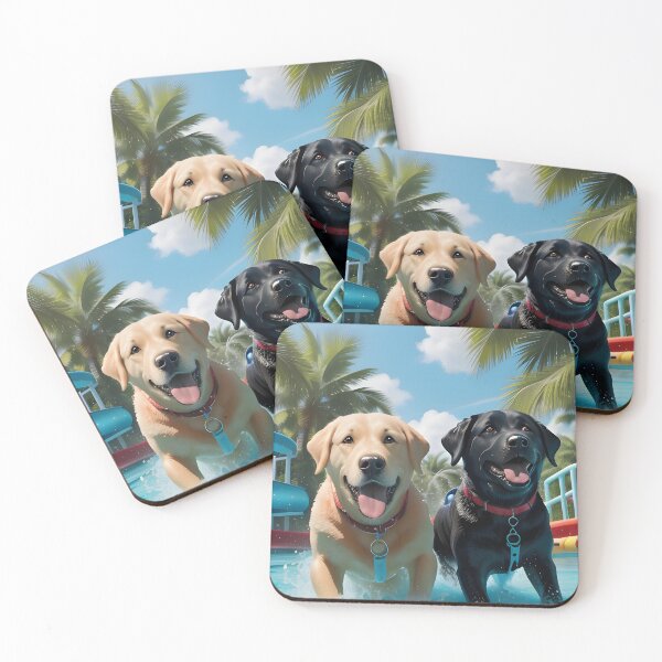 Item preview, Labrador Retrievers Splashing at Water Park — Black Lab Yellow Lab Summer Dog Art Print designed and sold by CanineCourier.