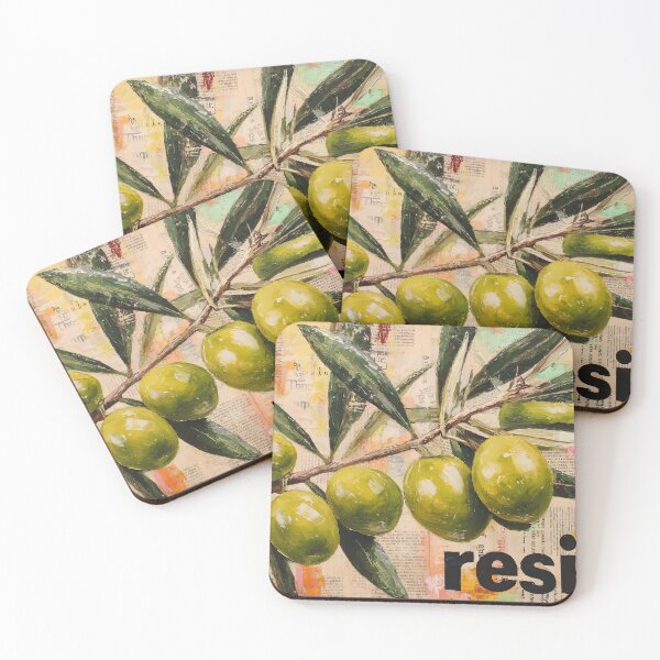 Item preview, Ripe Green Olive Branch with Bold Resist Typography on Colorful Abstract Text Background designed and sold by OlfactoART Studio.