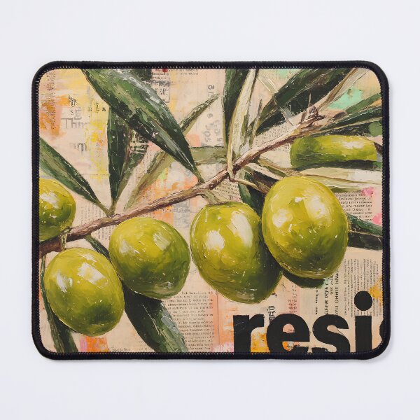 Item preview, Ripe Green Olive Branch with Bold Resist Typography on Colorful Abstract Text Background designed and sold by OlfactoART Studio.
