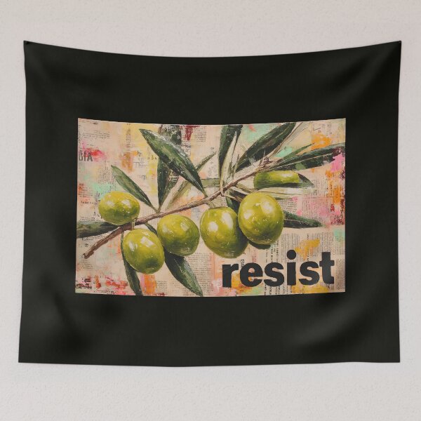 Item preview, Ripe Green Olive Branch with Bold Resist Typography on Colorful Abstract Text Background designed and sold by OlfactoART Studio.