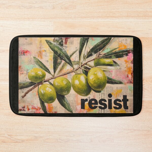 Item preview, Ripe Green Olive Branch with Bold Resist Typography on Colorful Abstract Text Background designed and sold by OlfactoART Studio.