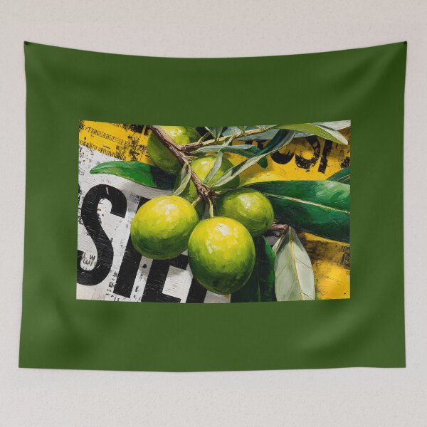 Item preview, Rustic Olive Branch with Green Olives in Vibrant Yellow and Earthy Textured Background designed and sold by OlfactoART Studio.