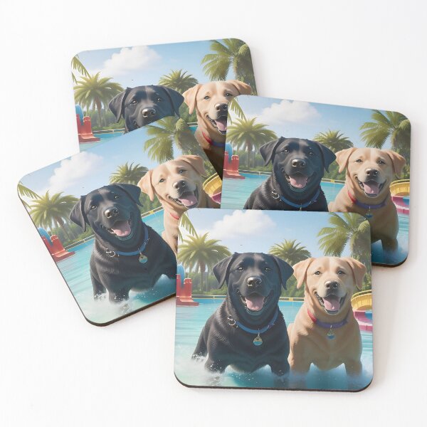 Item preview, Happy Black Lab and Yellow Lab Water Park Portrait — Labrador Retriever Dog Lover Art Print designed and sold by CanineCourier.