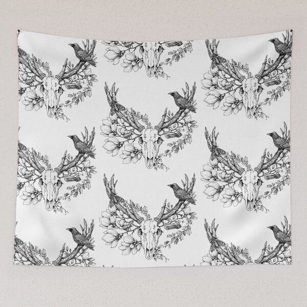 Item preview, Buck Deer Skull Floral Crow Moth Witchcraft designed and sold by PolaMaku.