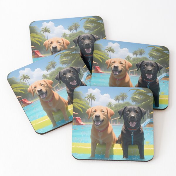 Item preview, Labrador Retrievers at Tropical Water Park — Black Lab Yellow Lab Happy Dog Art Print Gift designed and sold by CanineCourier.