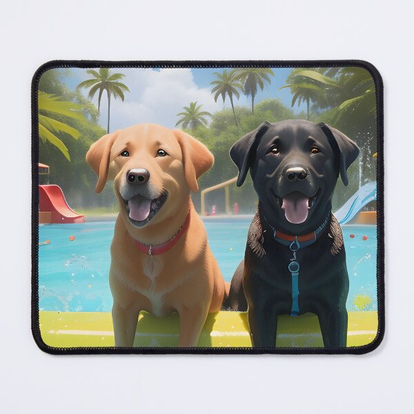 Item preview, Labrador Retrievers at Tropical Water Park — Black Lab Yellow Lab Happy Dog Art Print Gift designed and sold by CanineCourier.