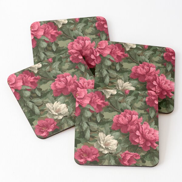 Item preview, Pink and White Peony Camouflage Floral Pattern with Army Green Background and Botanical Camouflage designed and sold by meganohm.