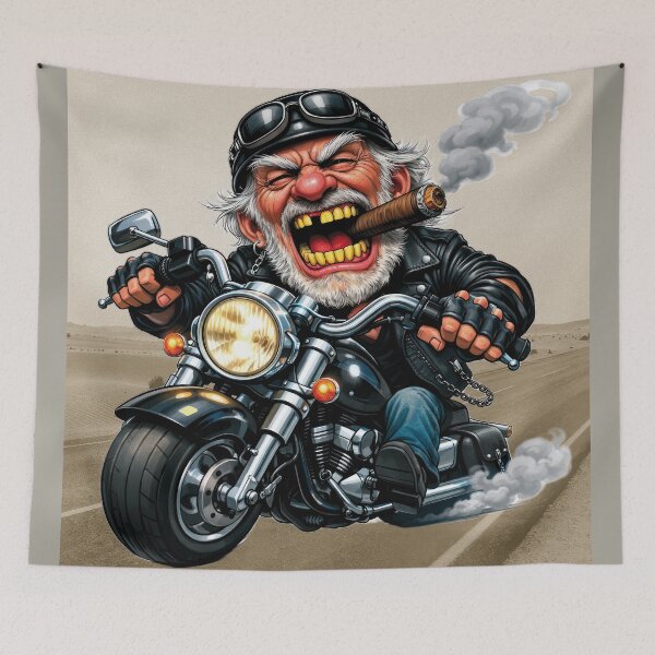 Item preview, A caricature of a biker grandpa and rocker riding fast with a cigar in his mouth! designed and sold by Alan-David.