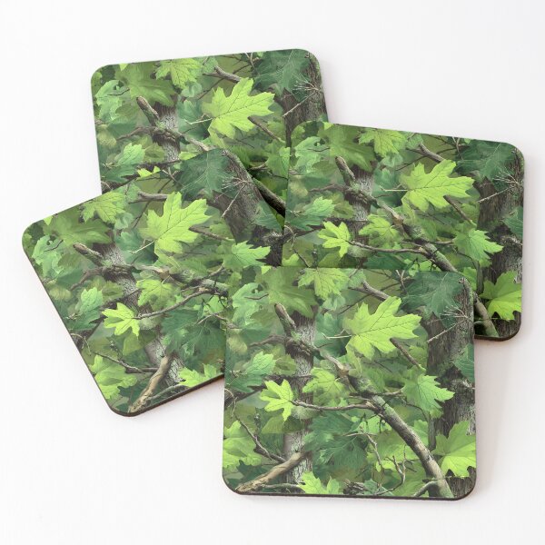 Item preview, Bright Neon Green Maple Leaf Camouflage Pattern with Forest Branches and Realistic Tree Trunks designed and sold by meganohm.