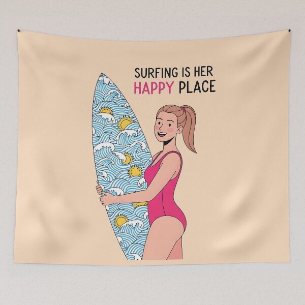 Item preview, Surfing Is Her Happy Place – Surfer Girl Carrying Her Board designed and sold by Sea Gem.