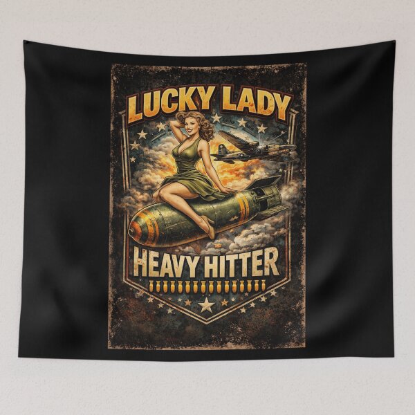 Item preview, Lucky Lady – Heavy Hitter Vintage Pin‑Up Bomber Art designed and sold by TKOprintdesigns.