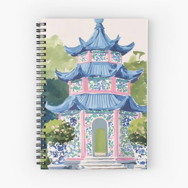 Item preview, Preppy chinoiserie pagoda and topiaries in ginger jars designed and sold by SophieClimaArt.