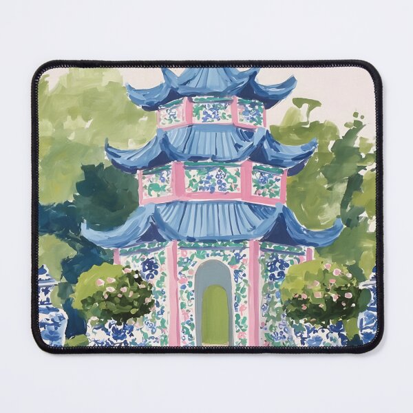 Item preview, Preppy chinoiserie pagoda and topiaries in ginger jars designed and sold by SophieClimaArt.