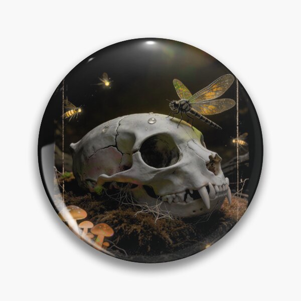 Item preview, Memento Mori Cat Skull Dragonfly Mushroom Dark Forest Vanitas Gothic Goblincore Nature Art Print designed and sold by TOTO GUYANA.