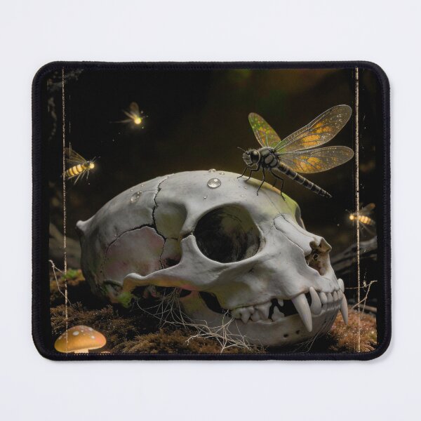 Item preview, Memento Mori Cat Skull Dragonfly Mushroom Dark Forest Vanitas Gothic Goblincore Nature Art Print designed and sold by TOTO GUYANA.