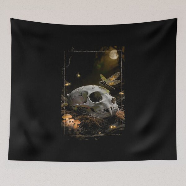 Item preview, Memento Mori Cat Skull Dragonfly Mushroom Dark Forest Vanitas Gothic Goblincore Nature Art Print designed and sold by TOTO GUYANA.