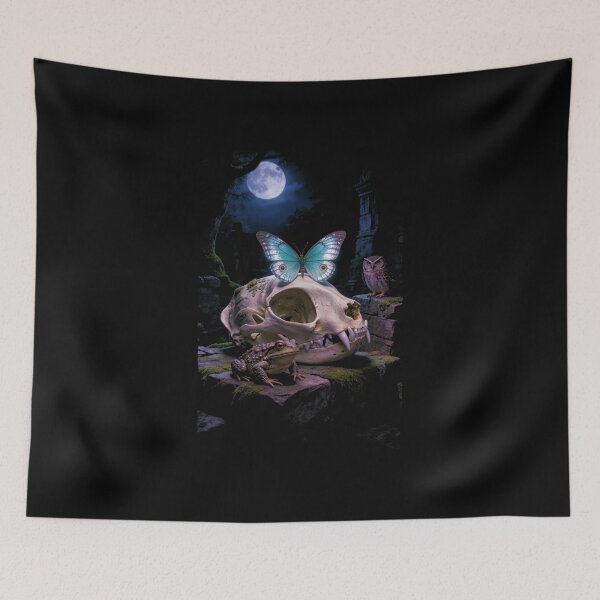 Item preview, Memento Mori Cat Skull Butterfly Owl Toad Moon Gothic Vanitas Dark Witchy Art Print designed and sold by TOTO GUYANA.