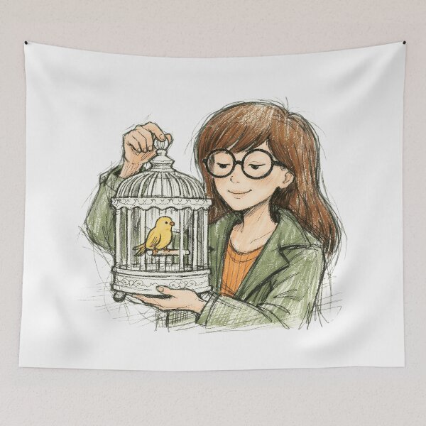 Item preview, DARIA MORGENDORFFER WITH WHITE BIRDCAGE designed and sold by LIS AND MELIVERSO.