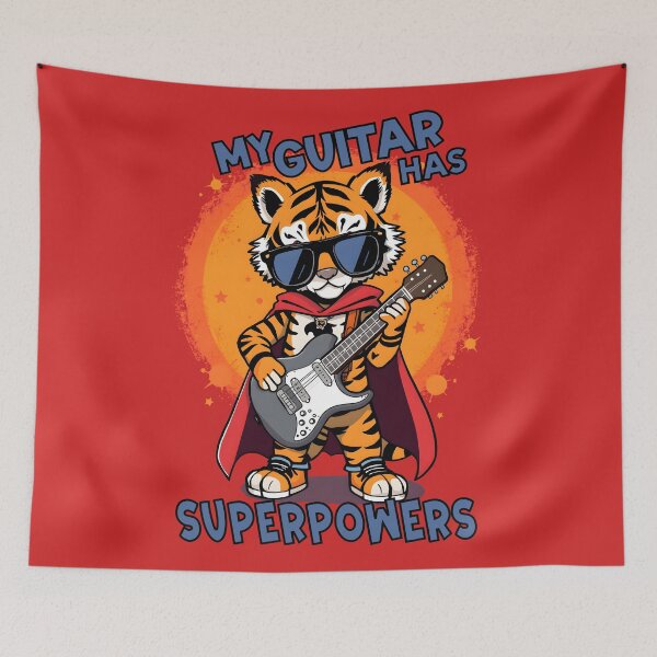 Item preview, My Guitar Has Superpowers — Cool Tiger Superhero with Guitar Rock Star Design designed and sold by Amplify-n-Co.