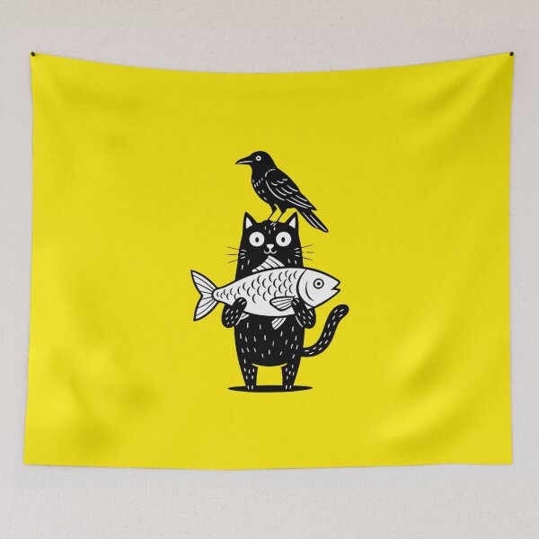 Item preview, Black Cat Holding Fish Crow designed and sold by Oniyasha.