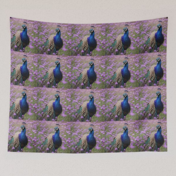Item preview, "Regal Display: A Peacock Amidst Mauve Blossoms" designed and sold by A-Work-Of-Art.
