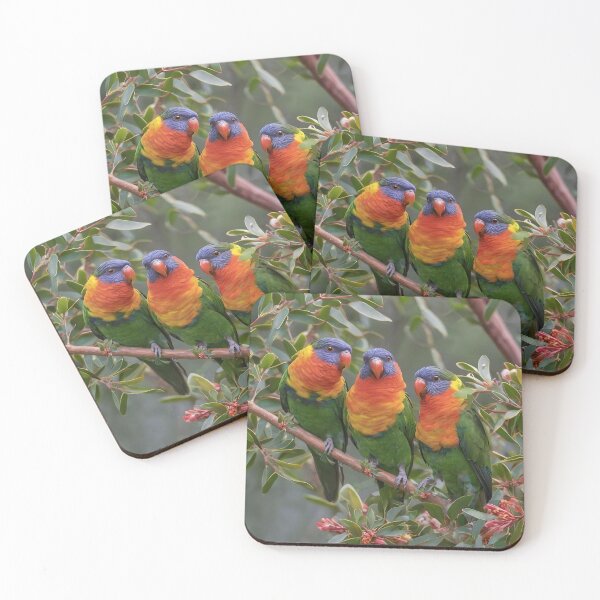 Item preview, "Colorful Chorus: Three Lorikeets Among Grevillea Blooms" designed and sold by A-Work-Of-Art.