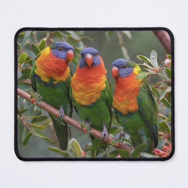 Item preview, "Colorful Chorus: Three Lorikeets Among Grevillea Blooms" designed and sold by A-Work-Of-Art.