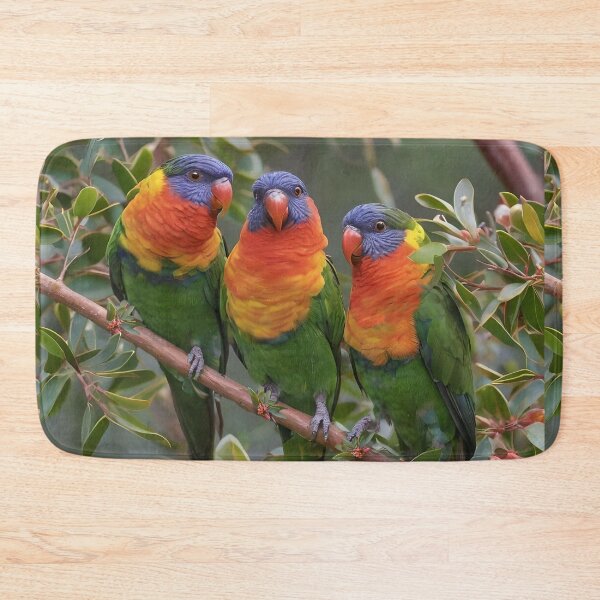 Item preview, "Colorful Chorus: Three Lorikeets Among Grevillea Blooms" designed and sold by A-Work-Of-Art.