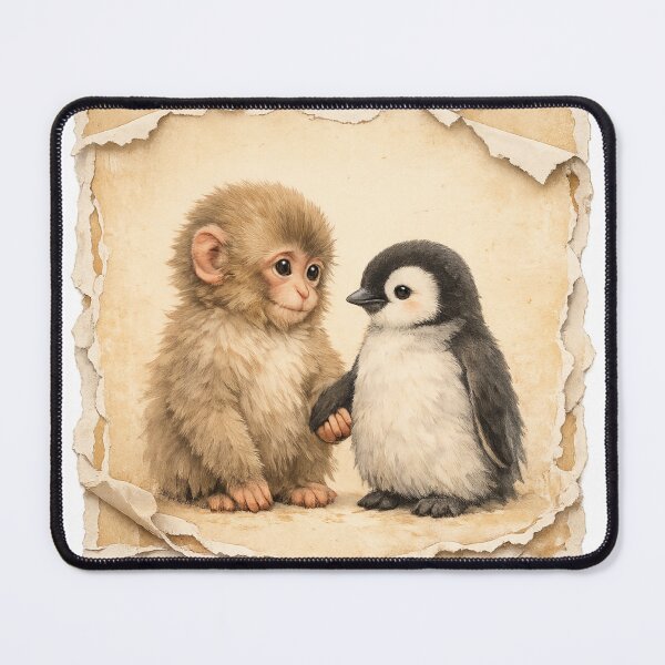Item preview, Vintage Torn Poster Baby Japanese Monkey and Penguin Holding Hands – Innocent Animal Friendship Art designed and sold by HOUSE OF TIST.
