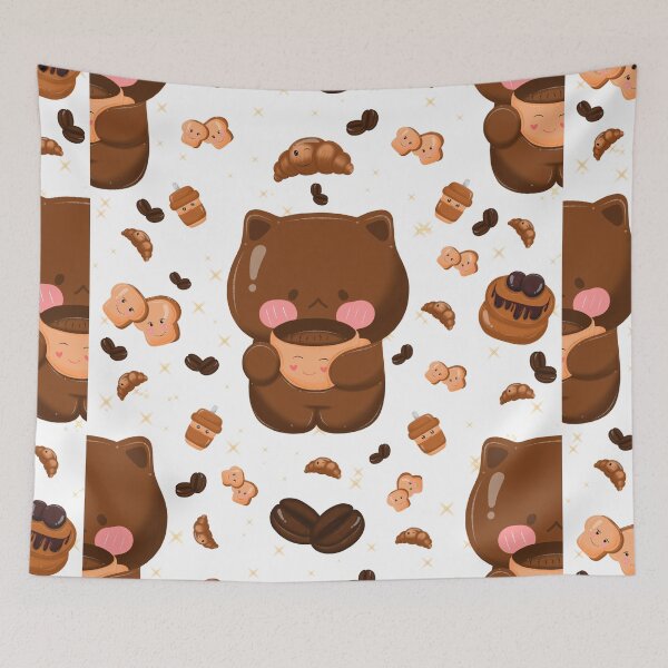 Item preview,  coffee beans, bread, croissant, kettle, grinder, dessert, and café items in warm brown tones on a white background. designed and sold by LSKY Art.