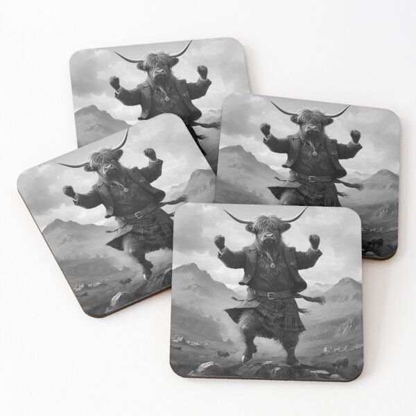 Item preview, Monochrome Scottish Highland Cow Dancing The Highland Fling designed and sold by A-Work-Of-Art.