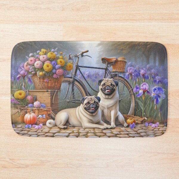 Item preview, Pug Dogs Iris Flowers Door Mat designed and sold by candiscamera.