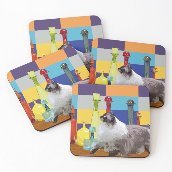 Item preview, Cat and Colorful Glass Bottles – Retro Whimsical Illustration designed and sold by MidModMagic.