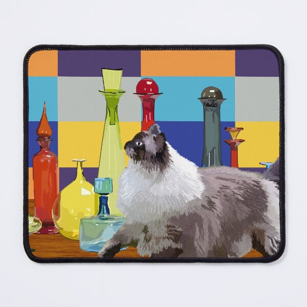 Item preview, Cat and Colorful Glass Bottles – Retro Whimsical Illustration designed and sold by MidModMagic.