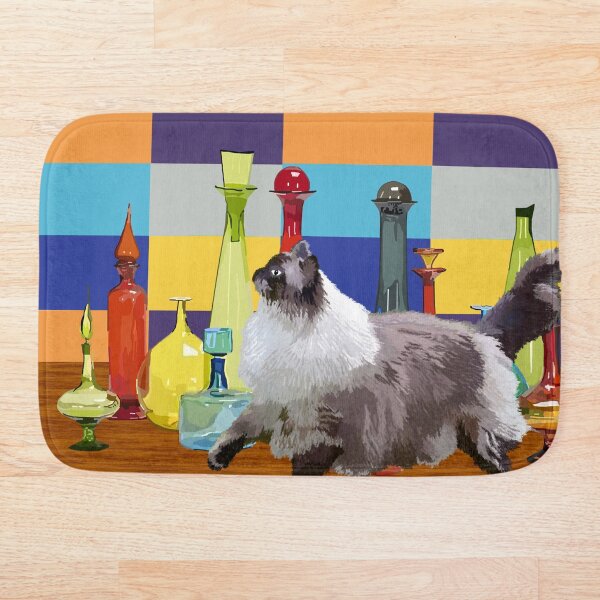 Item preview, Cat and Colorful Glass Bottles – Retro Whimsical Illustration designed and sold by MidModMagic.
